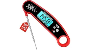 The image shows a sleek, silver instant read meat thermometer with a digital display for precise cooking.