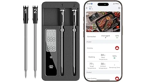 The image shows several sleek, modern smart meat thermometers, essential for perfect grilling.