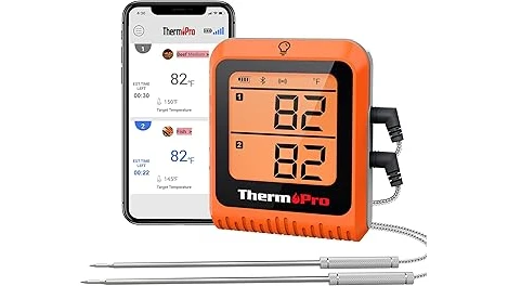 The image shows a user checking the temperature of a steak using a wireless Bluetooth meat thermometer.