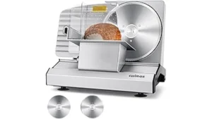 The image shows a shiny, electric deli meat slicer ready for use, highlighting popular models.