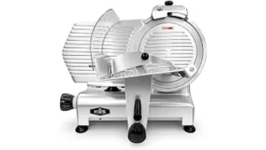 The image shows a person using a sleek electric meat slicer, showcasing popular options.