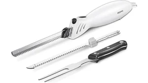 The image shows a sleek electric knife expertly slicing a juicy roast, ideal for the Top 10 Electric Knives for Meat Slicing.