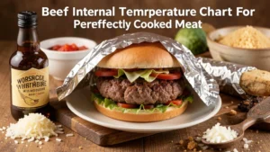 The image shows a detailed beef internal temperature chart for perfectly cooked meat.