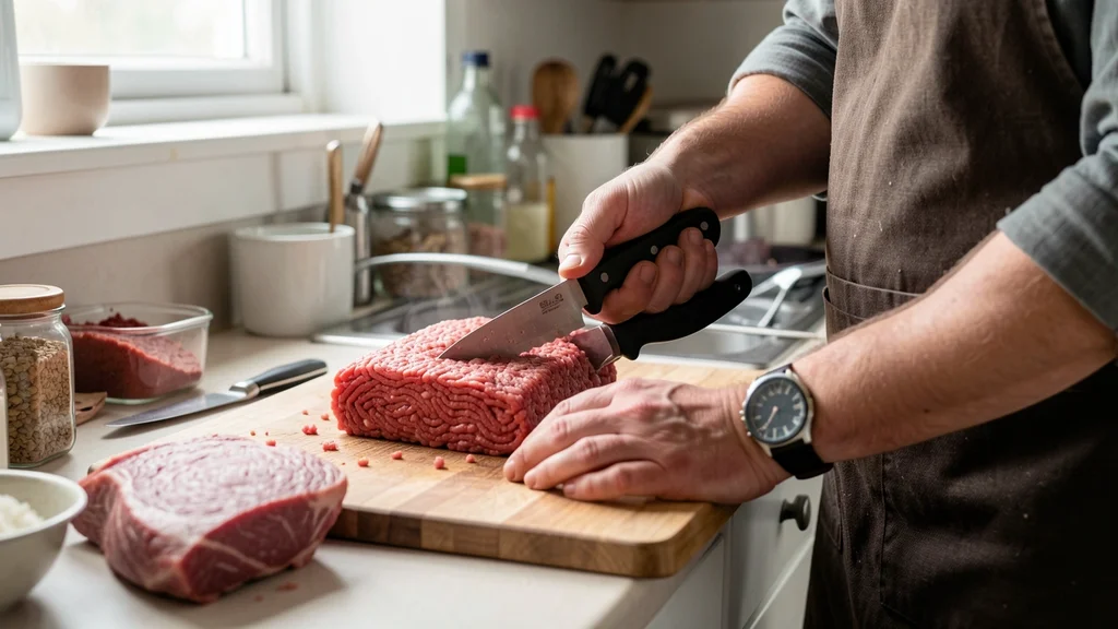 The image shows a thermometer in cooked ground beef, illustrating safe internal temperature guidelines.
