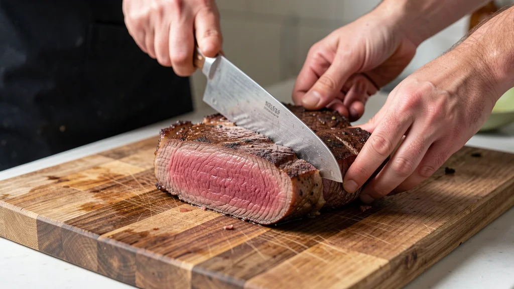 This image shows a perfectly cooked steak resting on a cutting board, illustrating steak temperature rise.