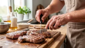 The image shows a perfectly cooked pork chop with a meat thermometer indicating ideal internal temperature for delicious results.