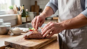 The image shows a perfectly cooked pork tenderloin with a meat thermometer, illustrating the Pork Tenderloin Internal Temperature Guide for Perfect Results.