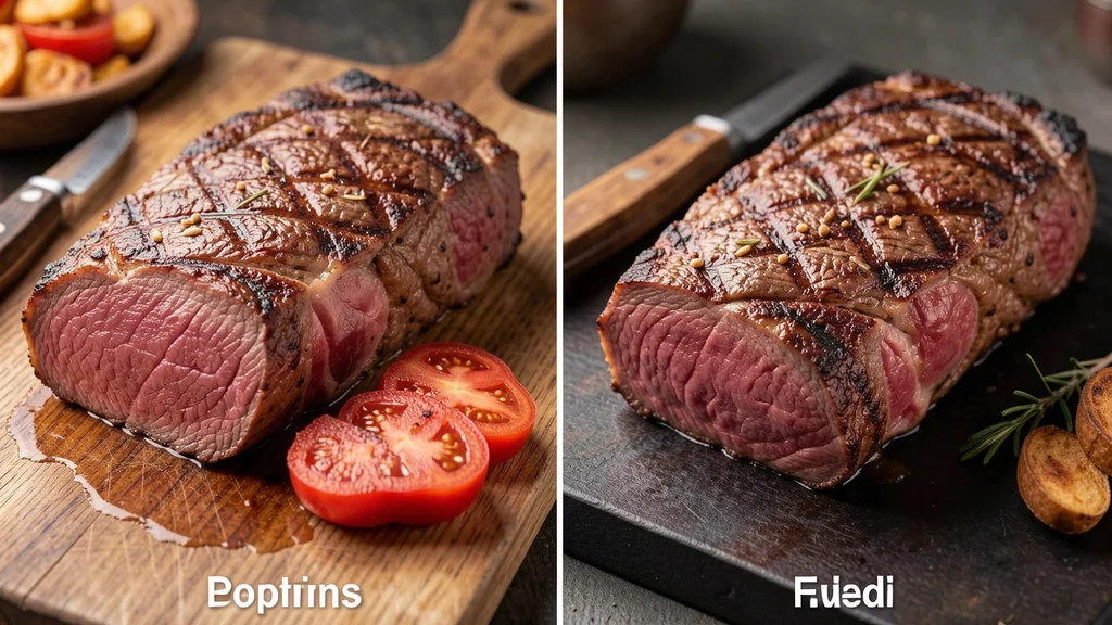 The image shows a thermometer inserted into a steak, illustrating safe meat temperature versus doneness.