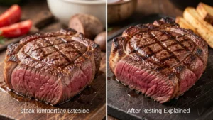 The image shows two juicy steaks, one before resting and one after, illustrating steak temperature changes.