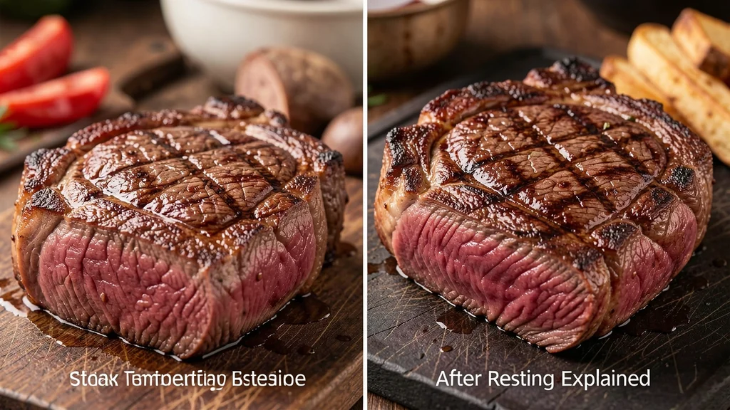 The image shows two juicy steaks, one before resting and one after, illustrating steak temperature changes.
