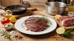 The image shows a perfectly grilled, well-done steak, illustrating a temperature guide for delicious results.